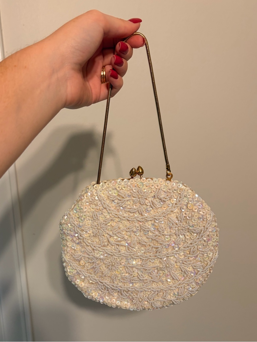 Vintage Bridal Beaded Ivory Evening Clutch with Gold Chain